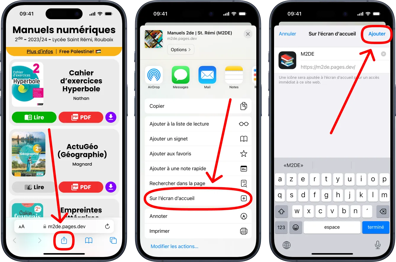 3 iPhone montrant les étapes pour ajouter les manuels sur l'écran d'accueil